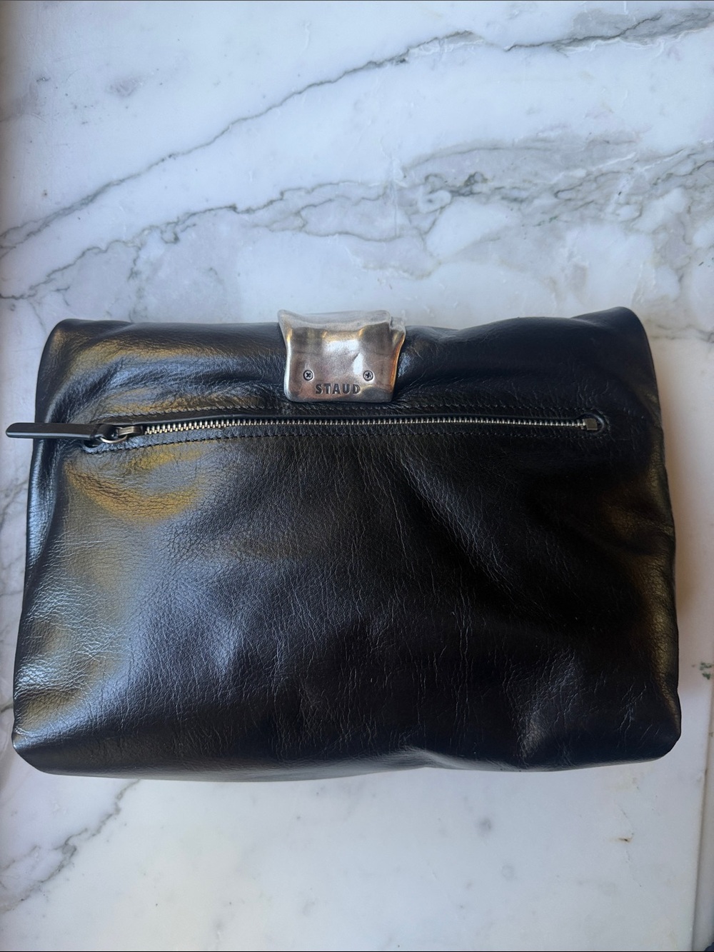 STAUD Black Leather Clutch with Silver Hardware